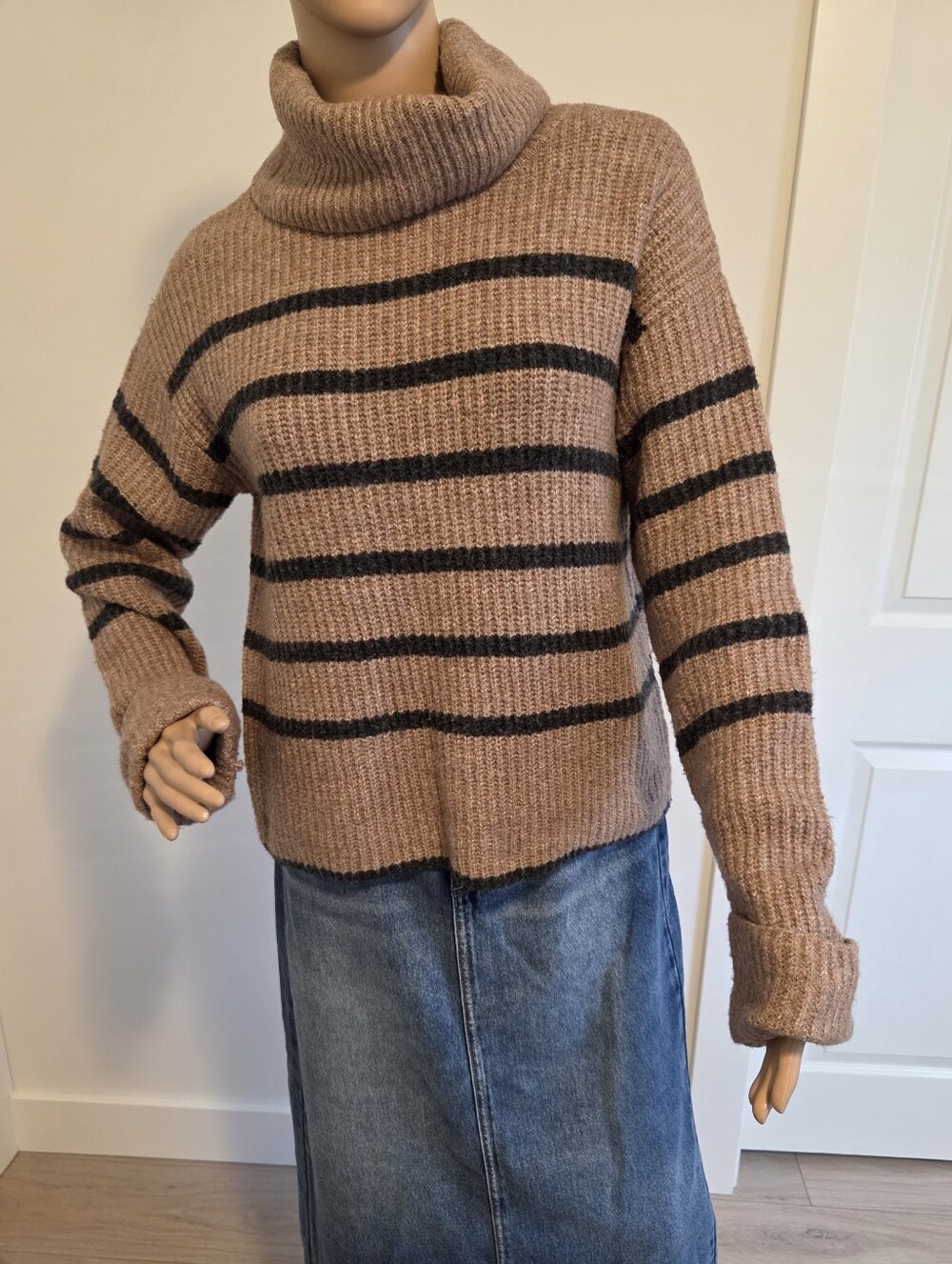 Happily Grey Cafe & Black Striped Turtleneck Sweater Wool Blend